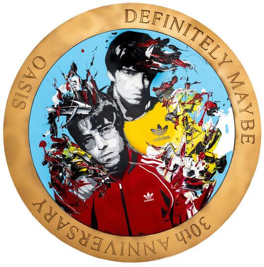 Circular artwork celebrating Oasis' 'Definitely Maybe' album with band members and Adidas logo.